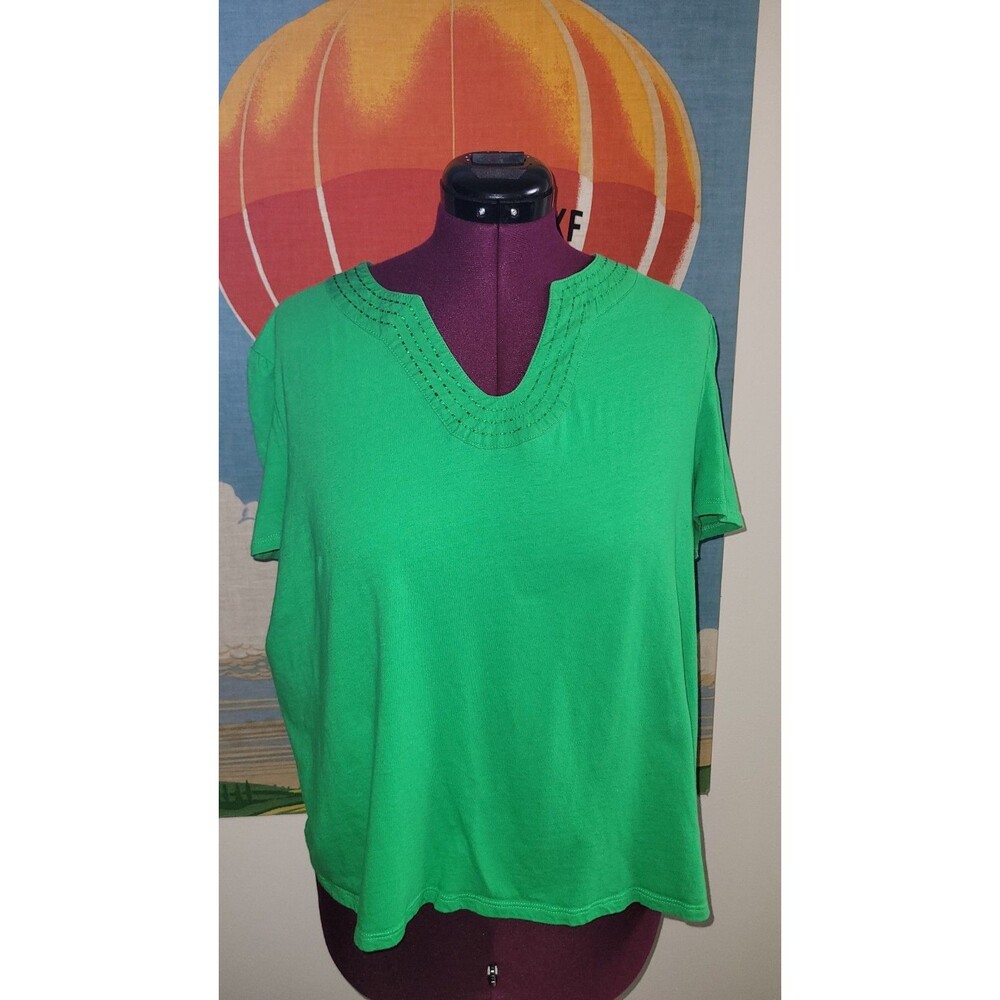 Rafaella V-Neck Shirt Women's Sz XXL Trapunto Stitching Short Sleeve Fern Green